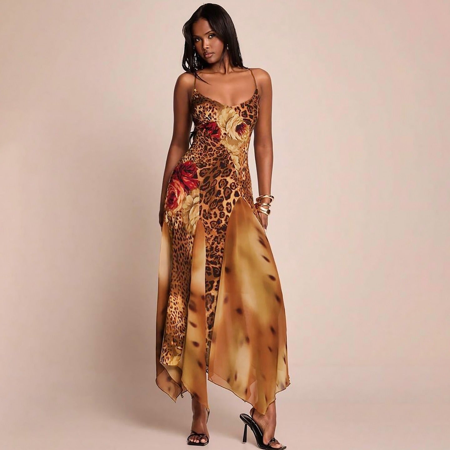 Zelin Leopard Floral Mesh Maxi Dress