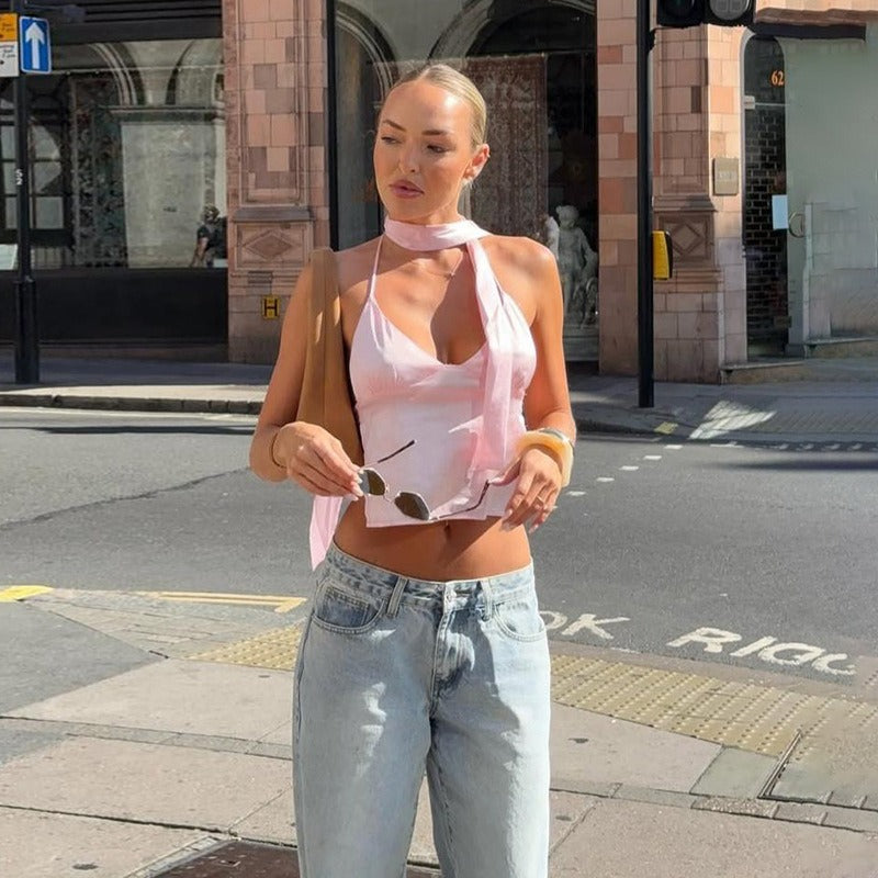 Vaela Pink Scarf Halter Cami Top