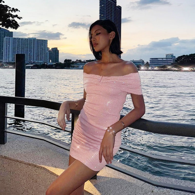 Rovelle Rhinestone Off Shoulder Mini Dress