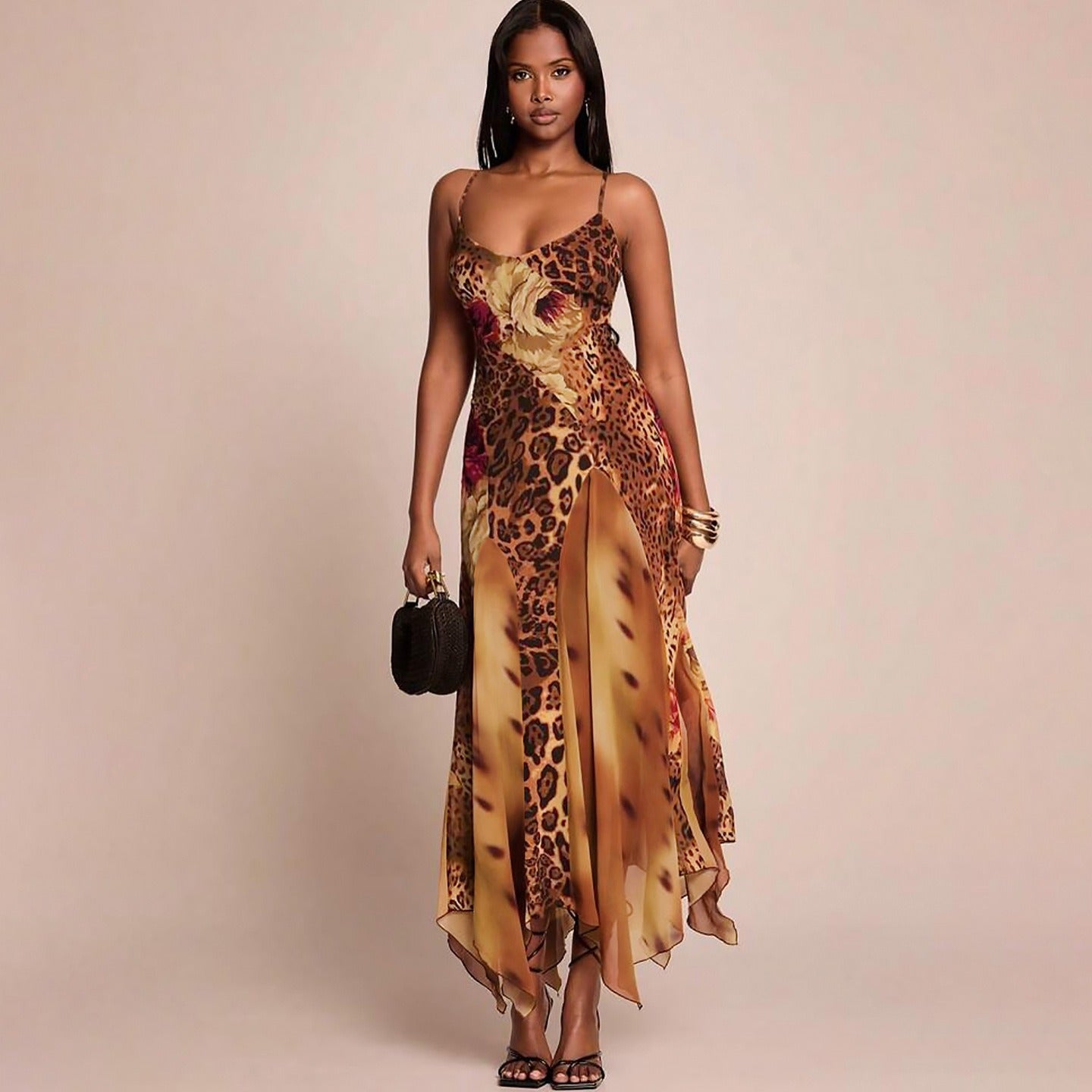 Zelin Leopard Floral Mesh Maxi Dress