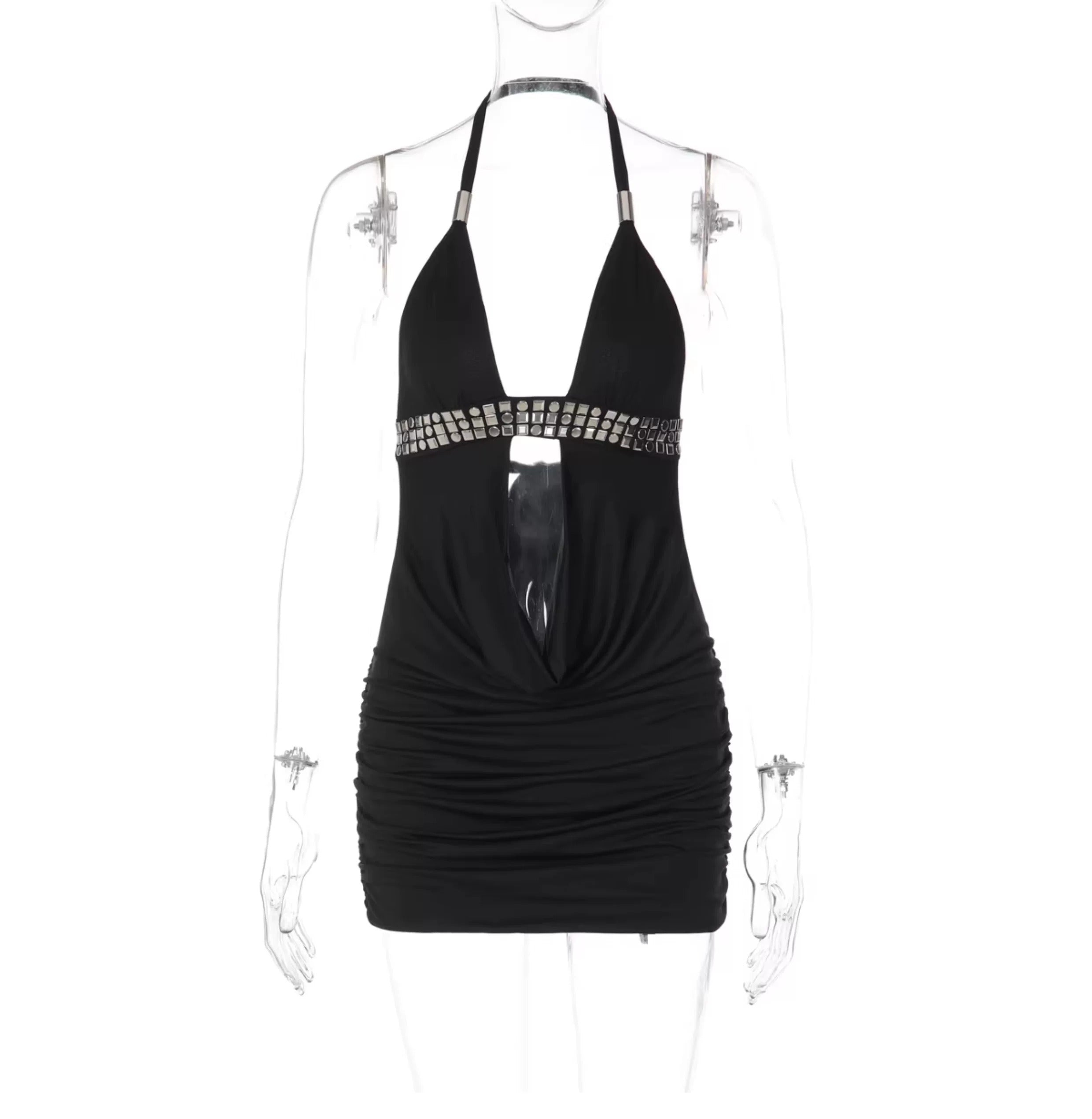 Léa Rhinestone Cut-Out Halter Mini Dress