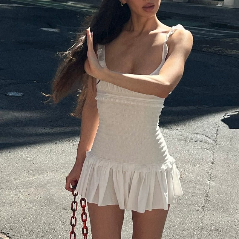 Brielle White Ruffle Smocked Mini Dress