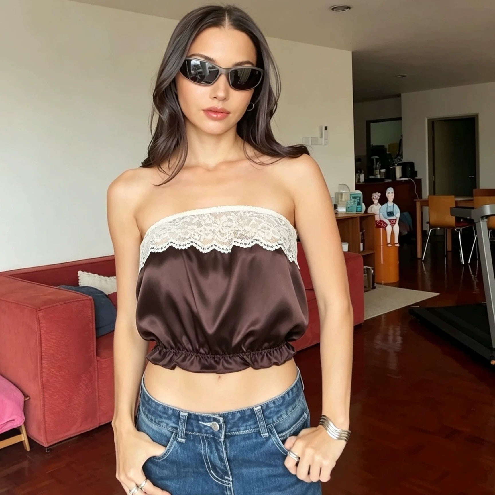 Selma Brown Satin Lace Bandeau Top