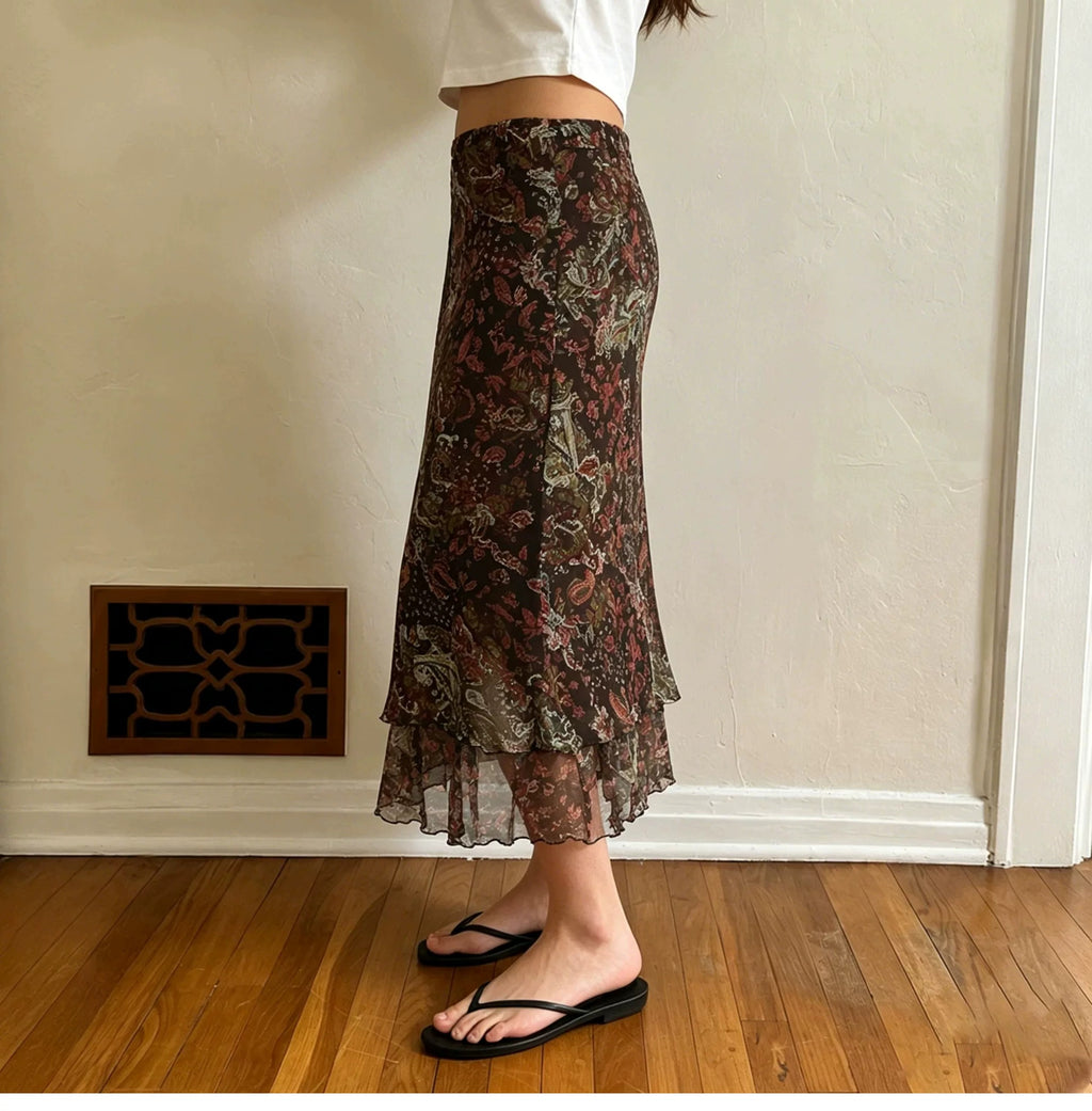 Sylvia Paisley Bloom Ruffle Midi Skirt