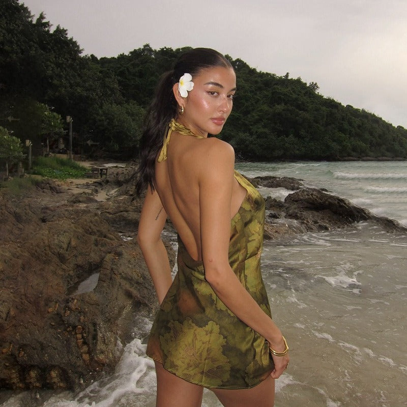 Nerida Olive Floral Halter Mini Dress