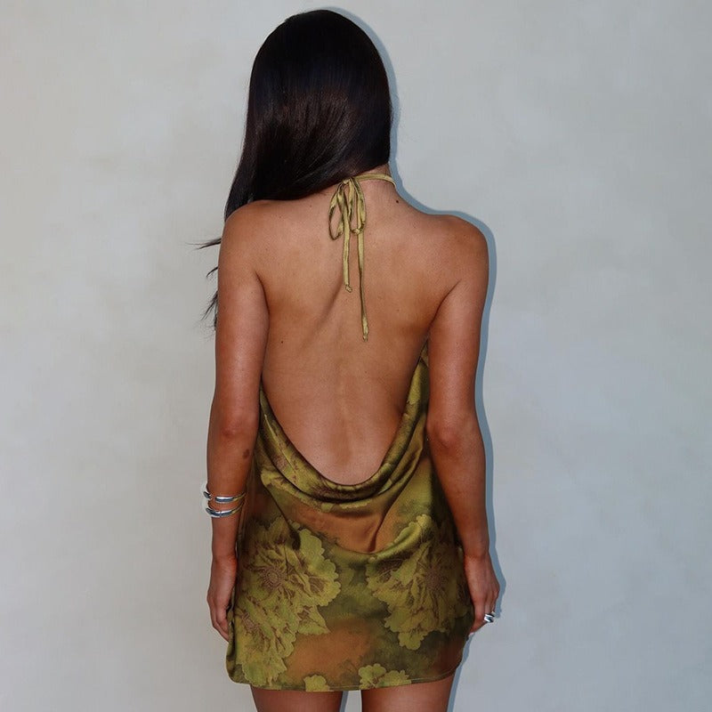 Nerida Olive Floral Halter Mini Dress