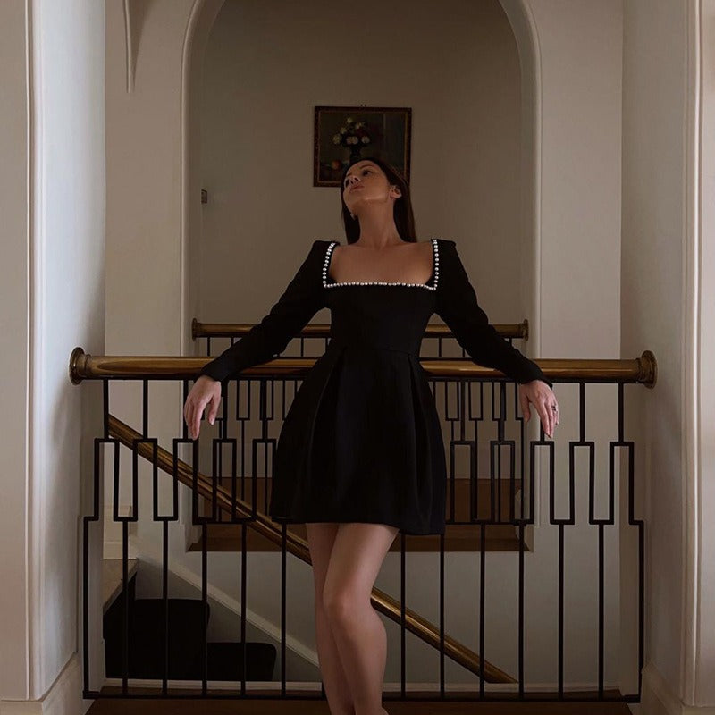 Black Pearl Trim Long Sleeve Mini Dress