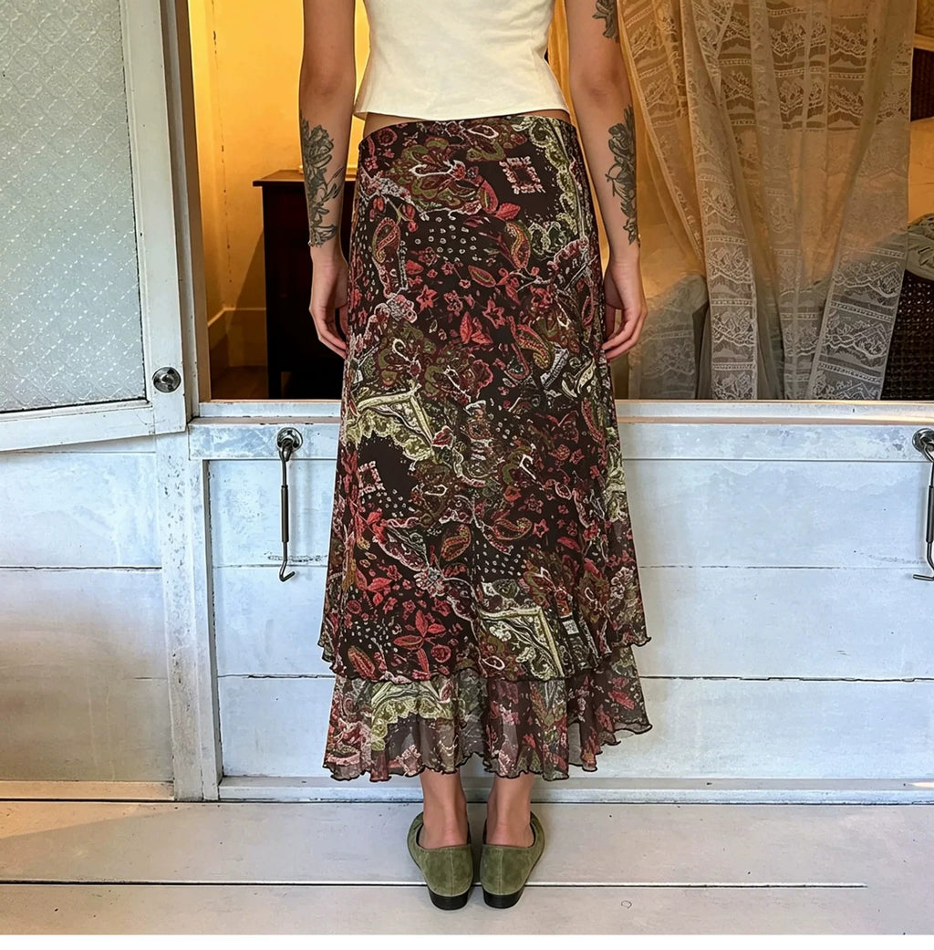 Sylvia Paisley Bloom Ruffle Midi Skirt