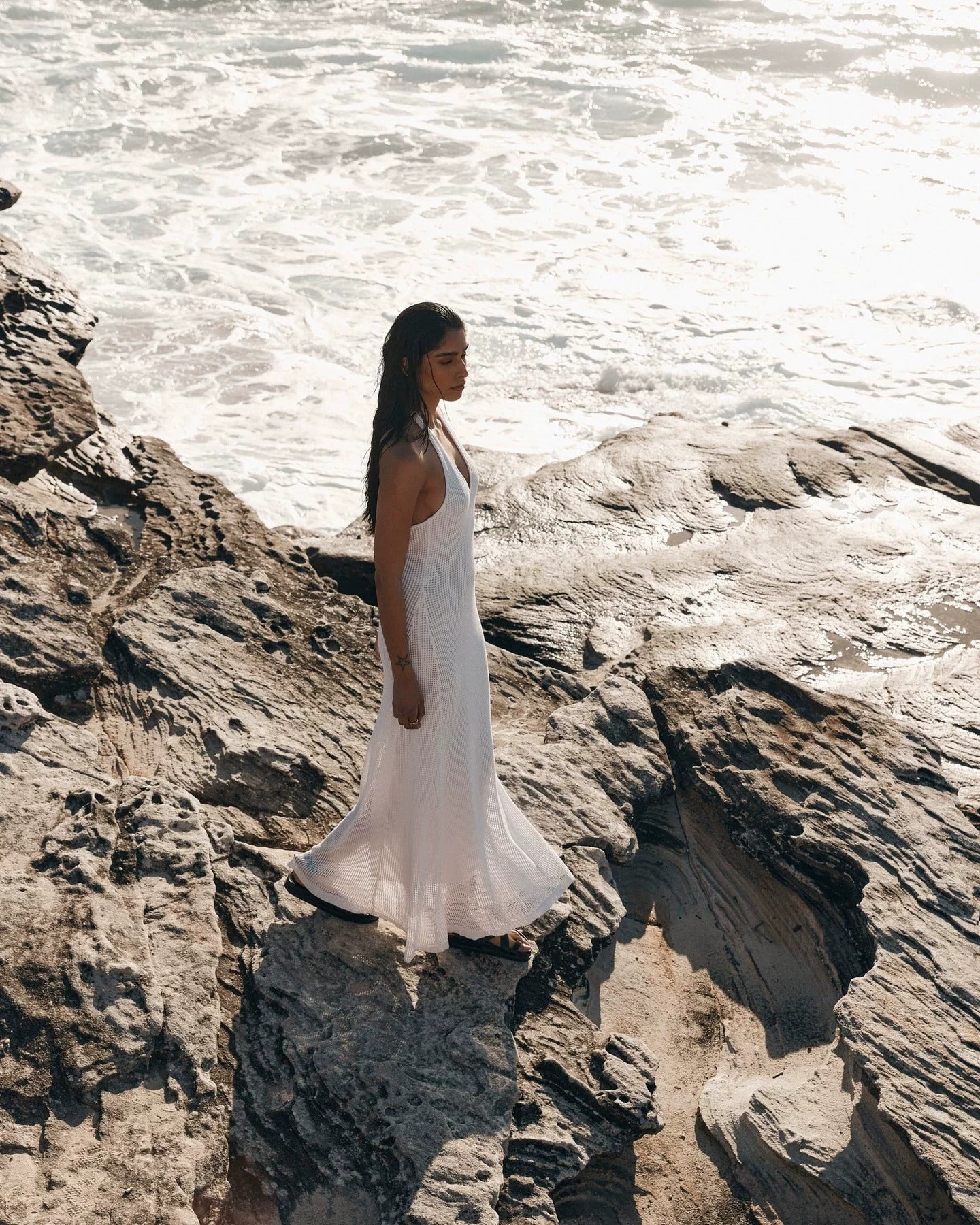 Quenby Sheer Knit Halter Maxi Dress