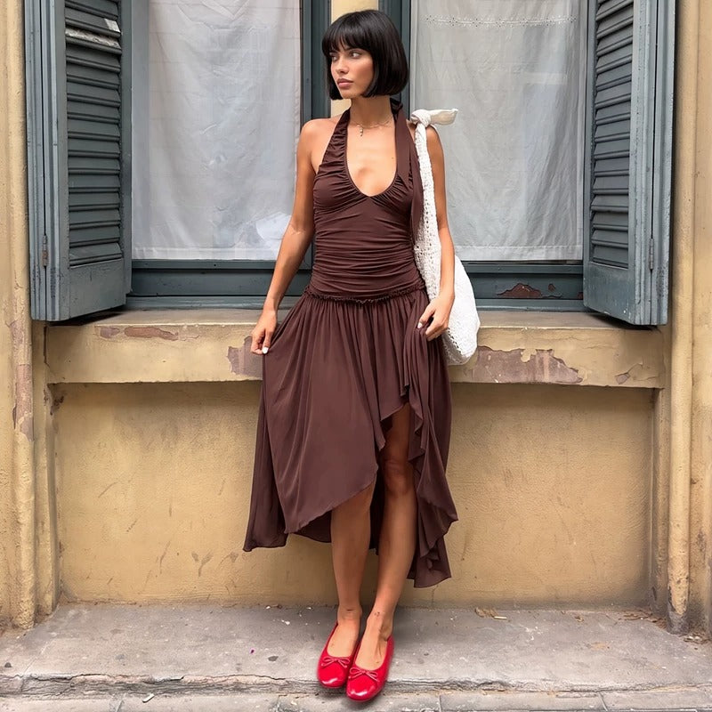Eden Asymmetric Ruched Halter Maxi Dress