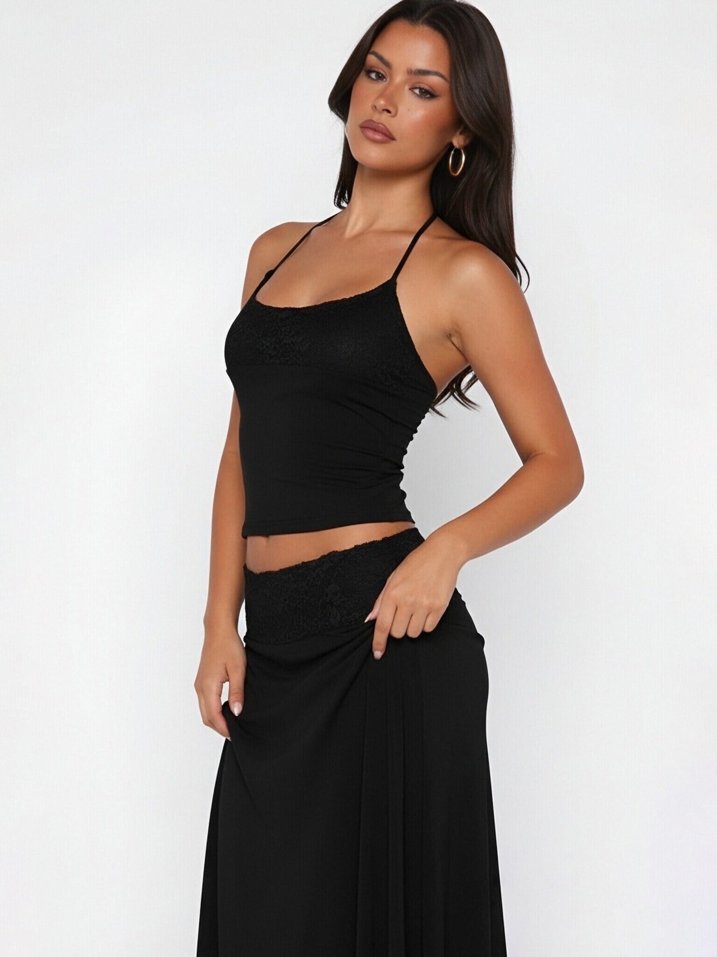 Zarela Lace Trim Halter Top & Skirt Set