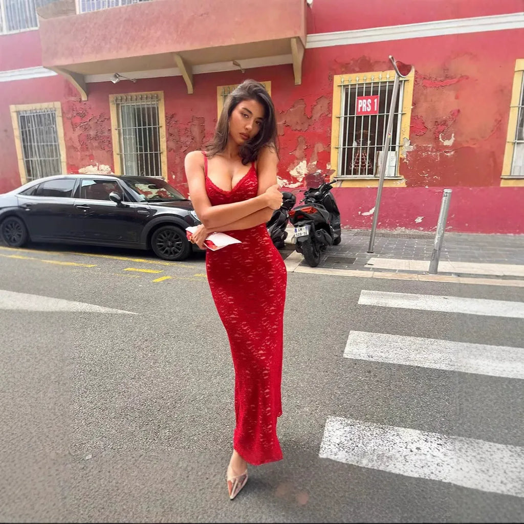 Lace Slip Red Maxi Dress