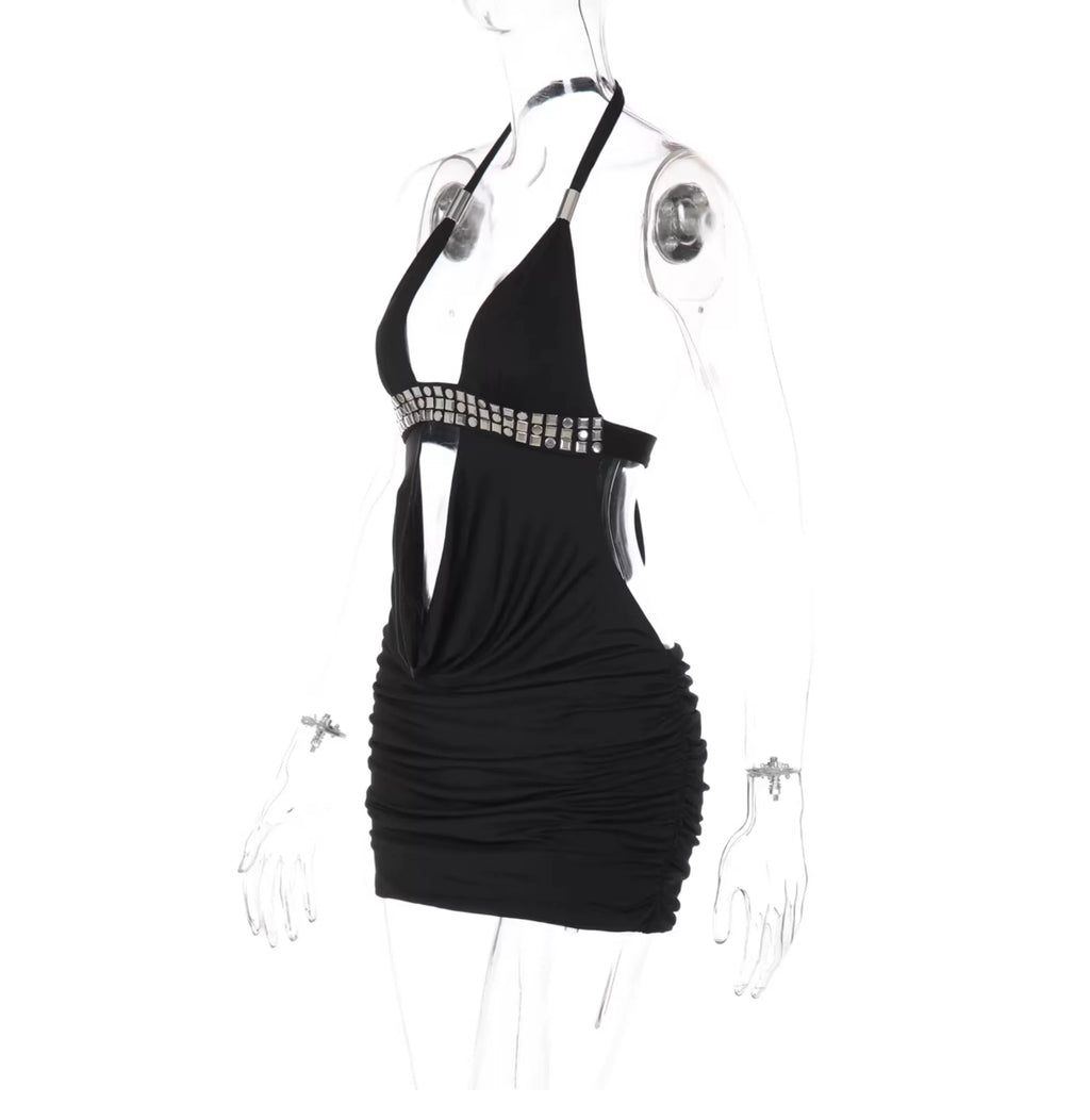 Léa Rhinestone Cut-Out Halter Mini Dress