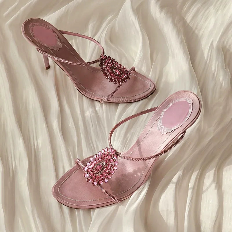Pink Satin Crystal Mule Heels