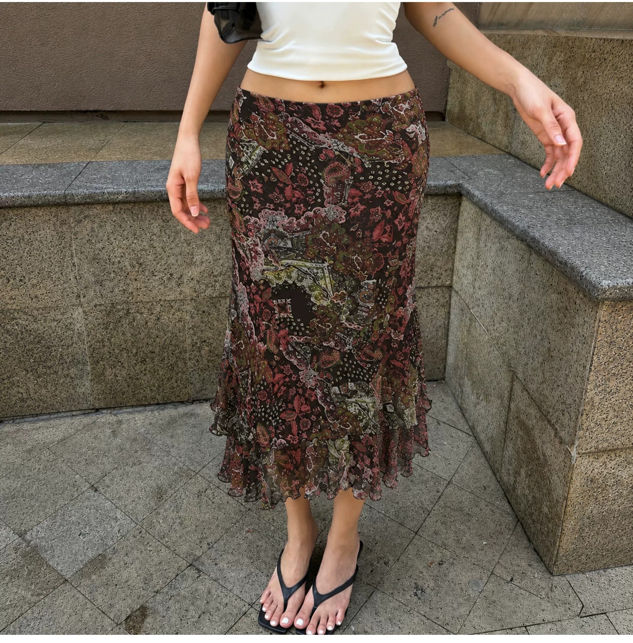 Sylvia Paisley Bloom Ruffle Midi Skirt