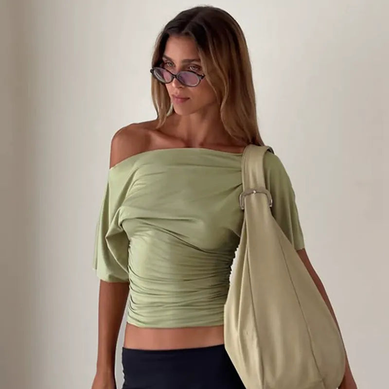 Ruched One-Shoulder Short Sleeve Top