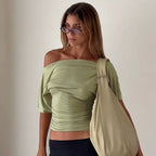 Ruched One-Shoulder Short Sleeve Top