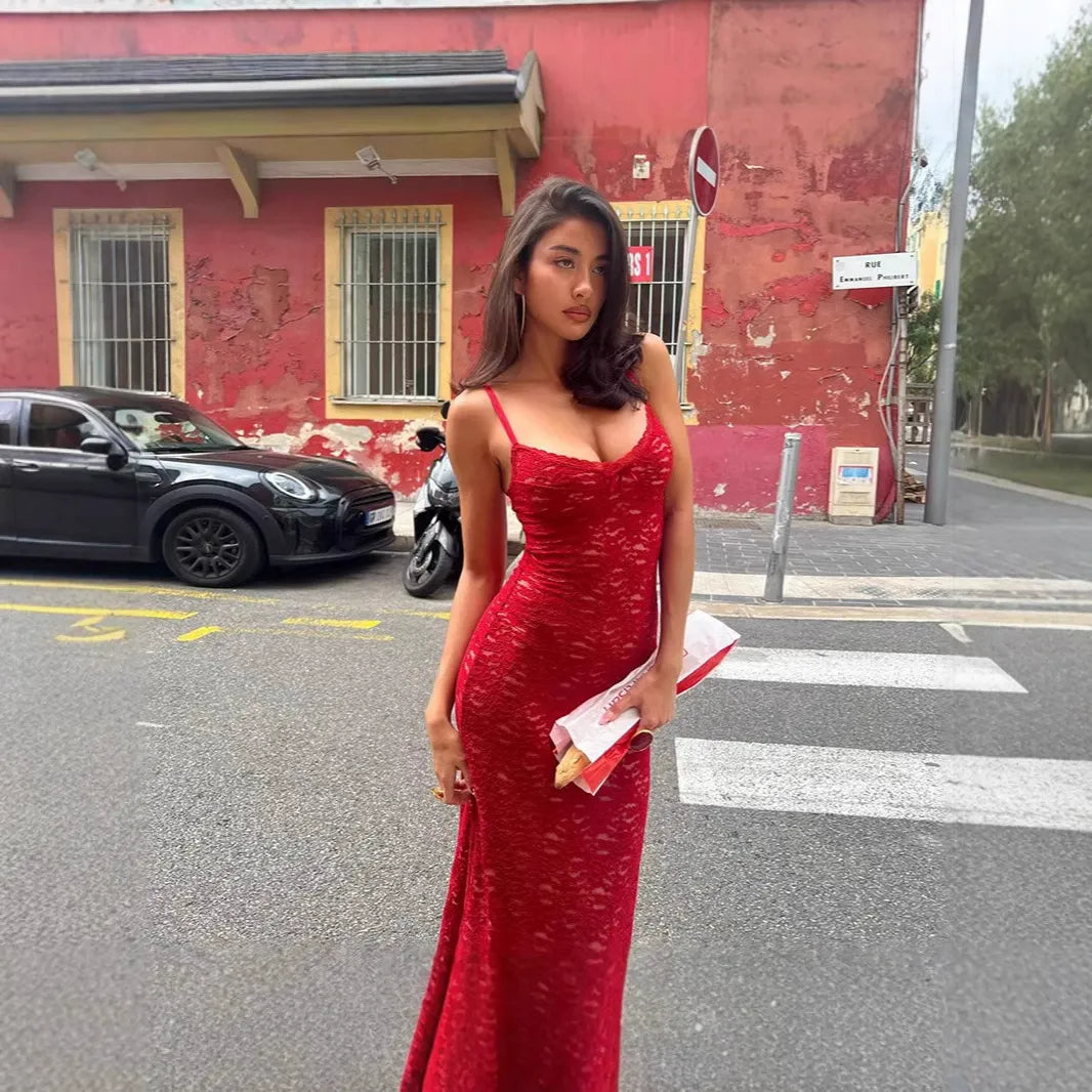 Lace Slip Red Maxi Dress