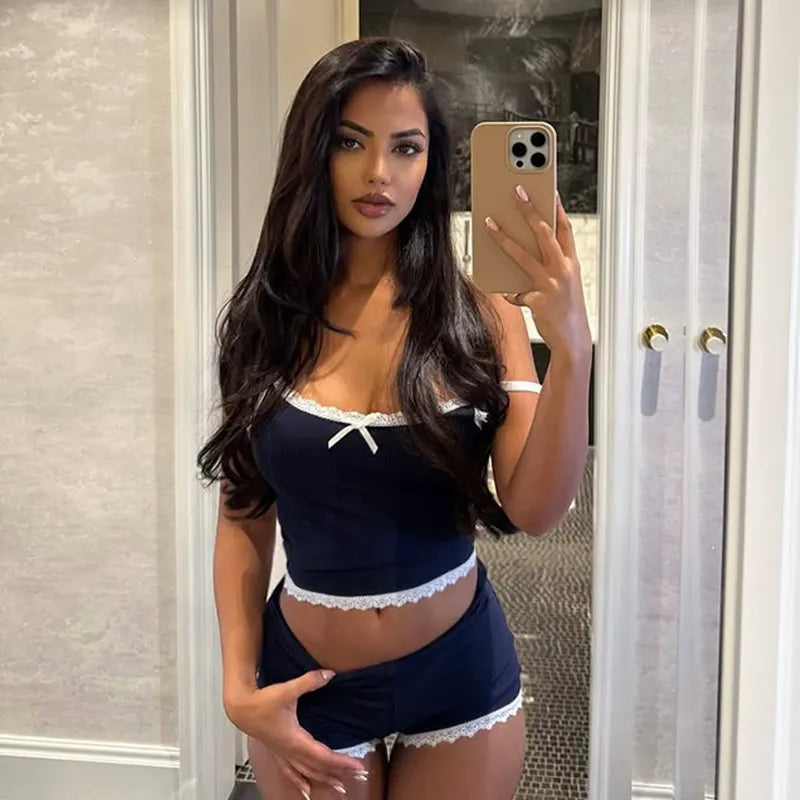 Daryna Navy Lace Trim Lounge Set