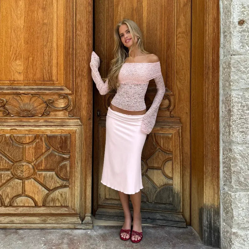 Lace Off-Shoulder Top & Midi Skirt Set