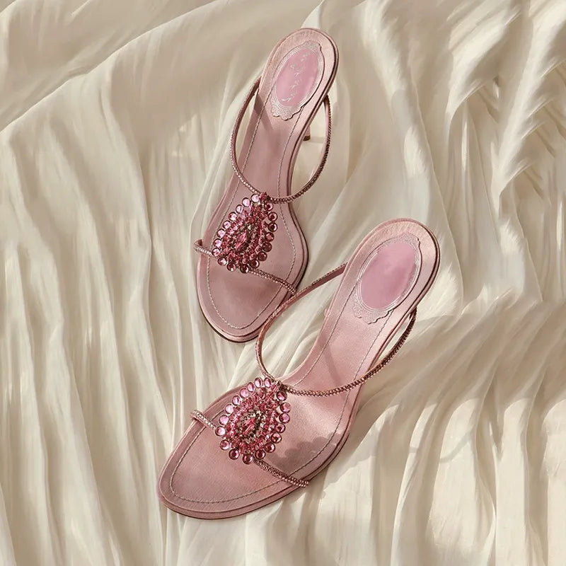 Pink Satin Crystal Mule Heels