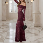 Off-Shoulder Lace Ruched Maxi Dress