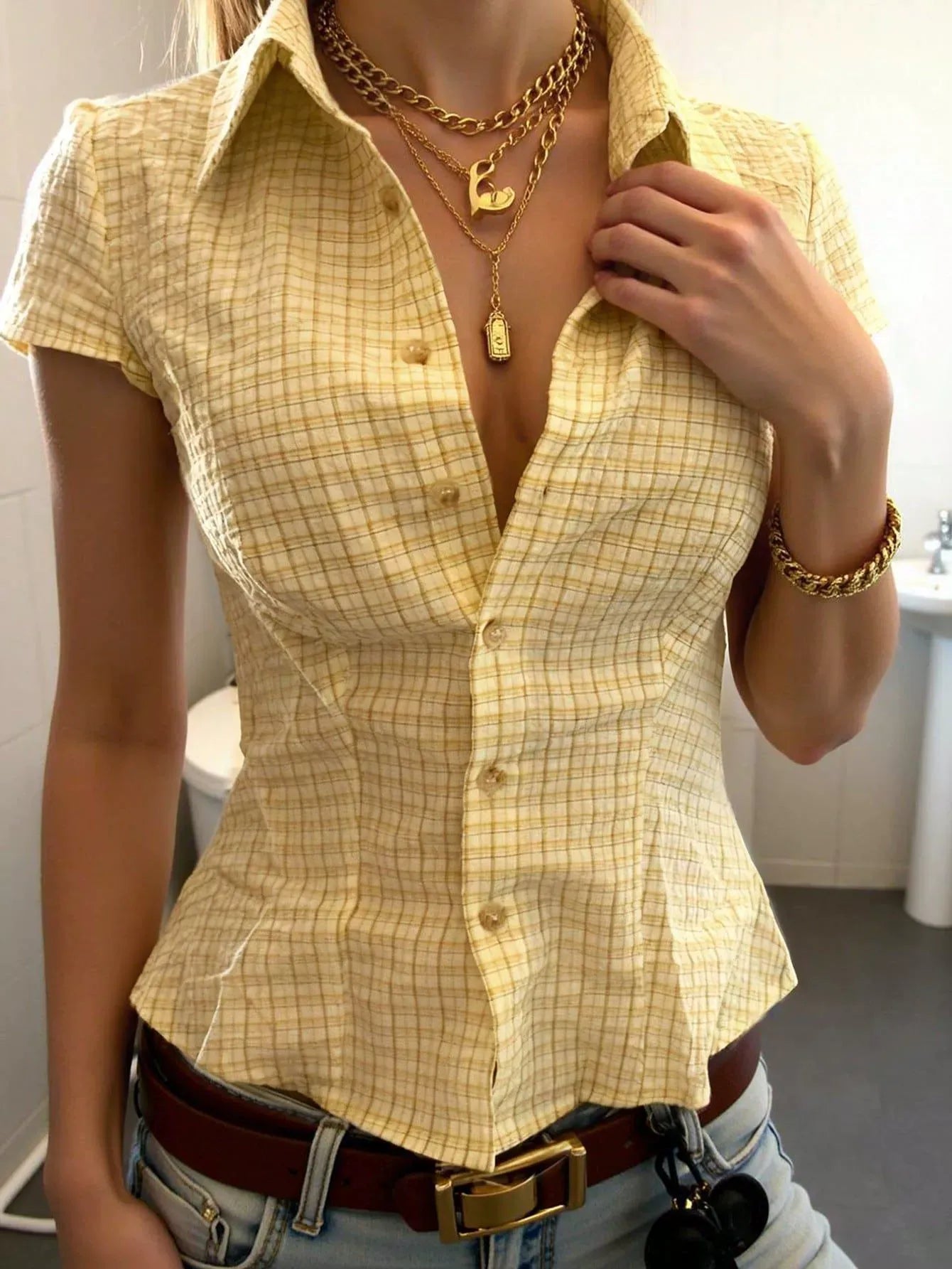 Yellow Plaid Fitted Button-Up Shirt