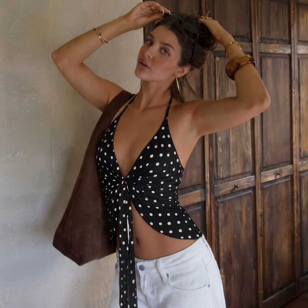 Wren Polka Dot Tie-Front Halter Top