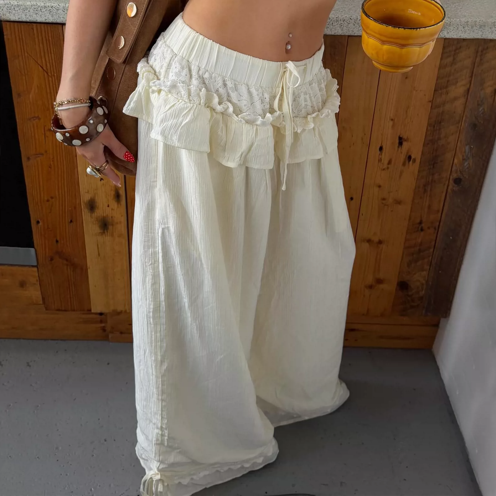Geneva Ivory Lace Ruffle Wide-Leg Pants