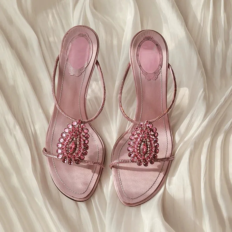 Pink Satin Crystal Mule Heels