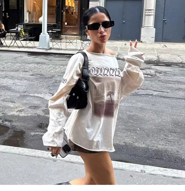 Evie Vintage Graphic Off-Shoulder Long Sleeve Top