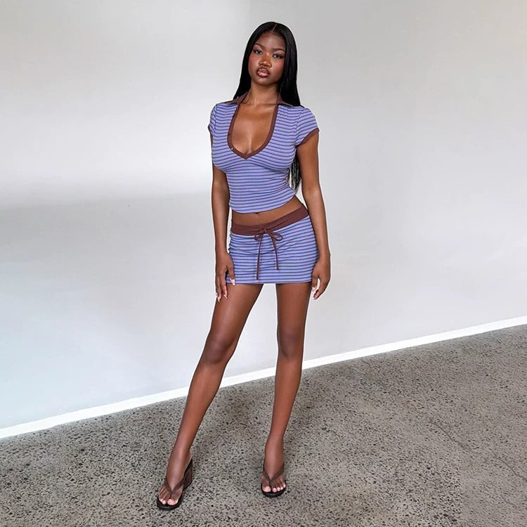 Y2K Striped V-Neck Two-Piece Set