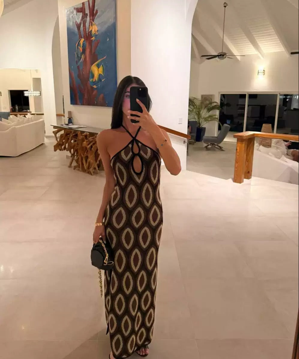Faiza Retro Halter Mesh Maxi Dress