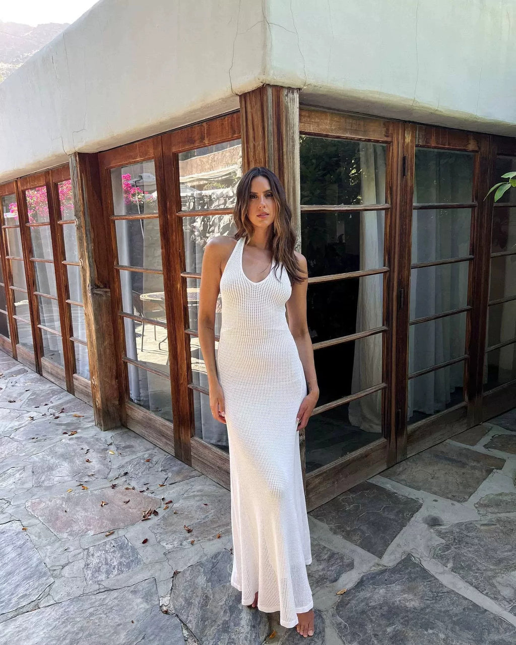 Quenby Sheer Knit Halter Maxi Dress