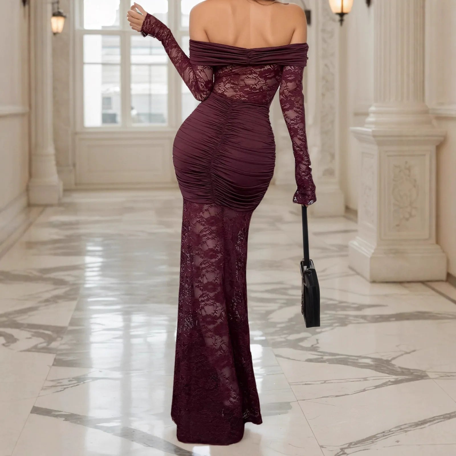 Off-Shoulder Lace Ruched Maxi Dress