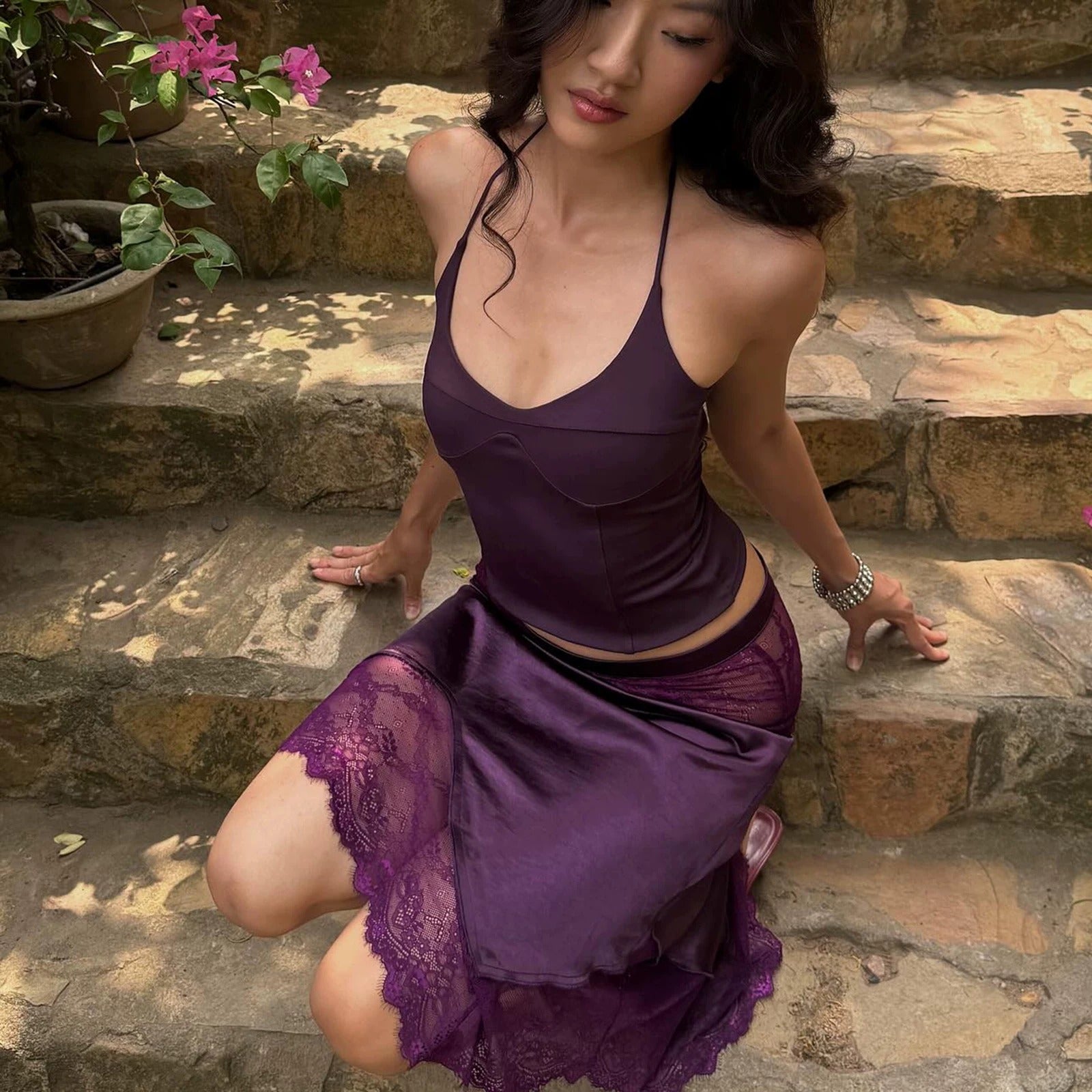 Elara Lace Trim Halter Top & Asymmetrical Skirt Set