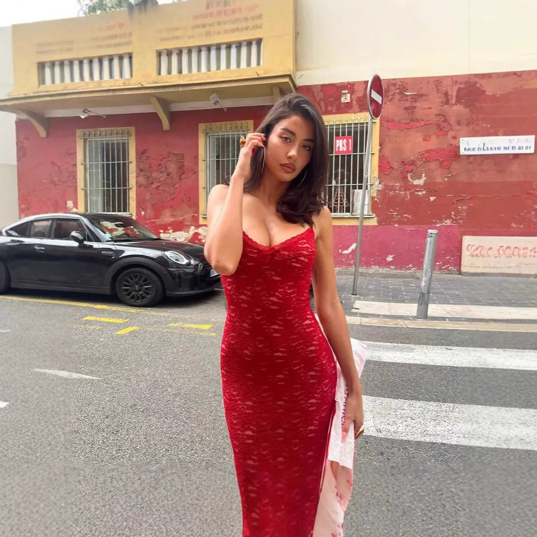 Lace Slip Red Maxi Dress