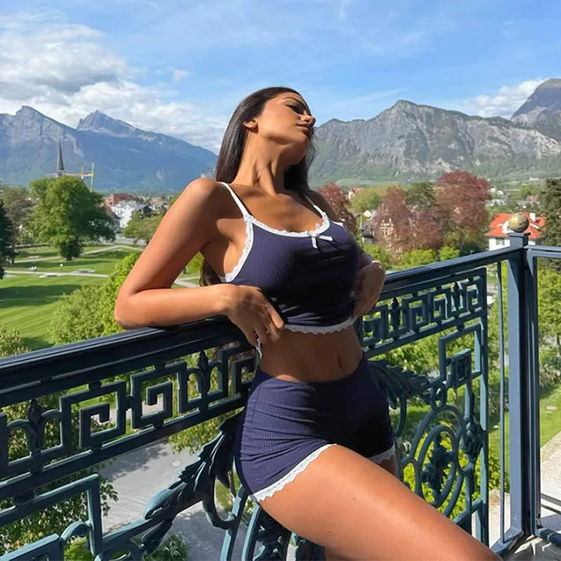 Daryna Navy Lace Trim Lounge Set