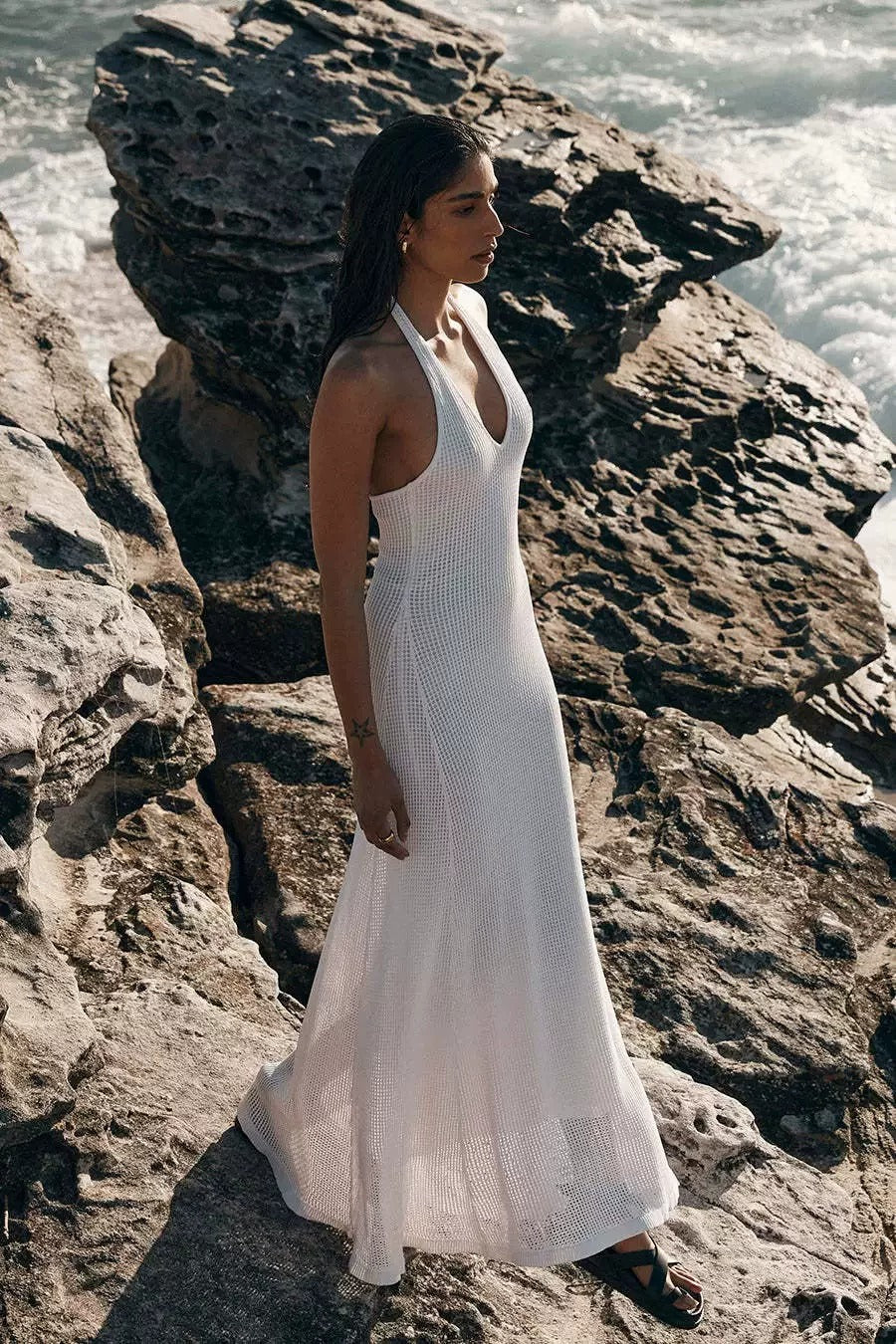Quenby Sheer Knit Halter Maxi Dress