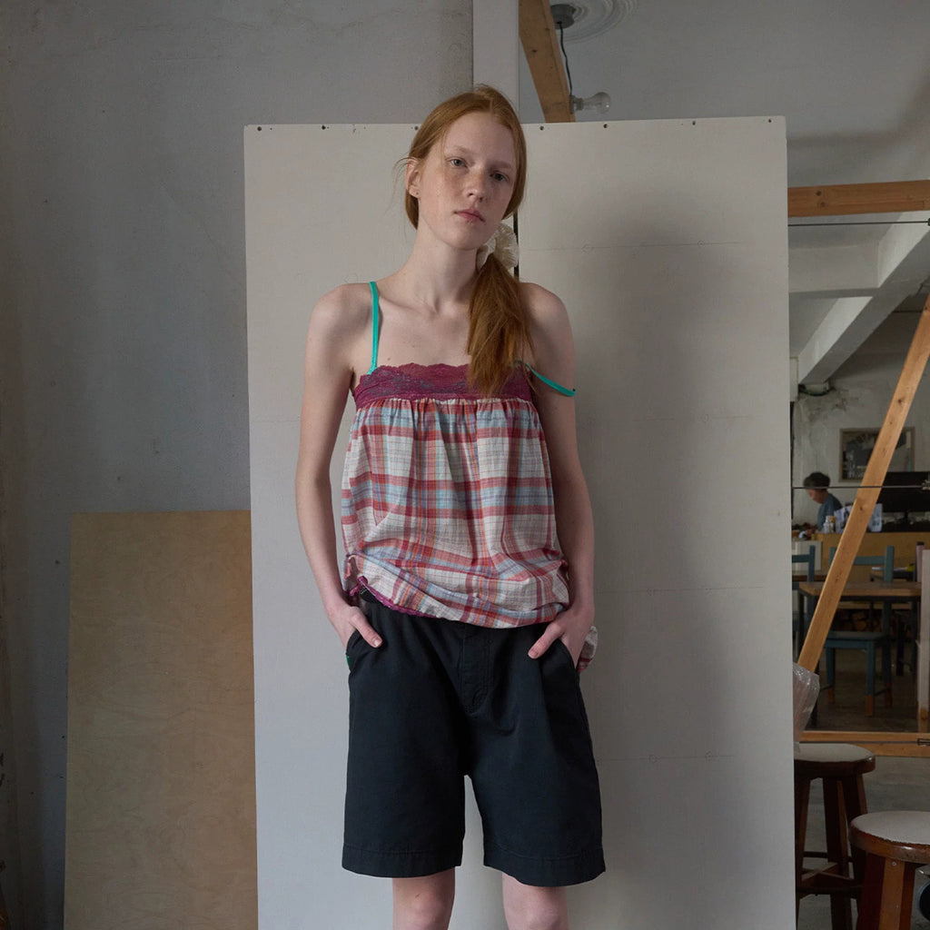 Nadia Plaid Lace-Trim Tube Top