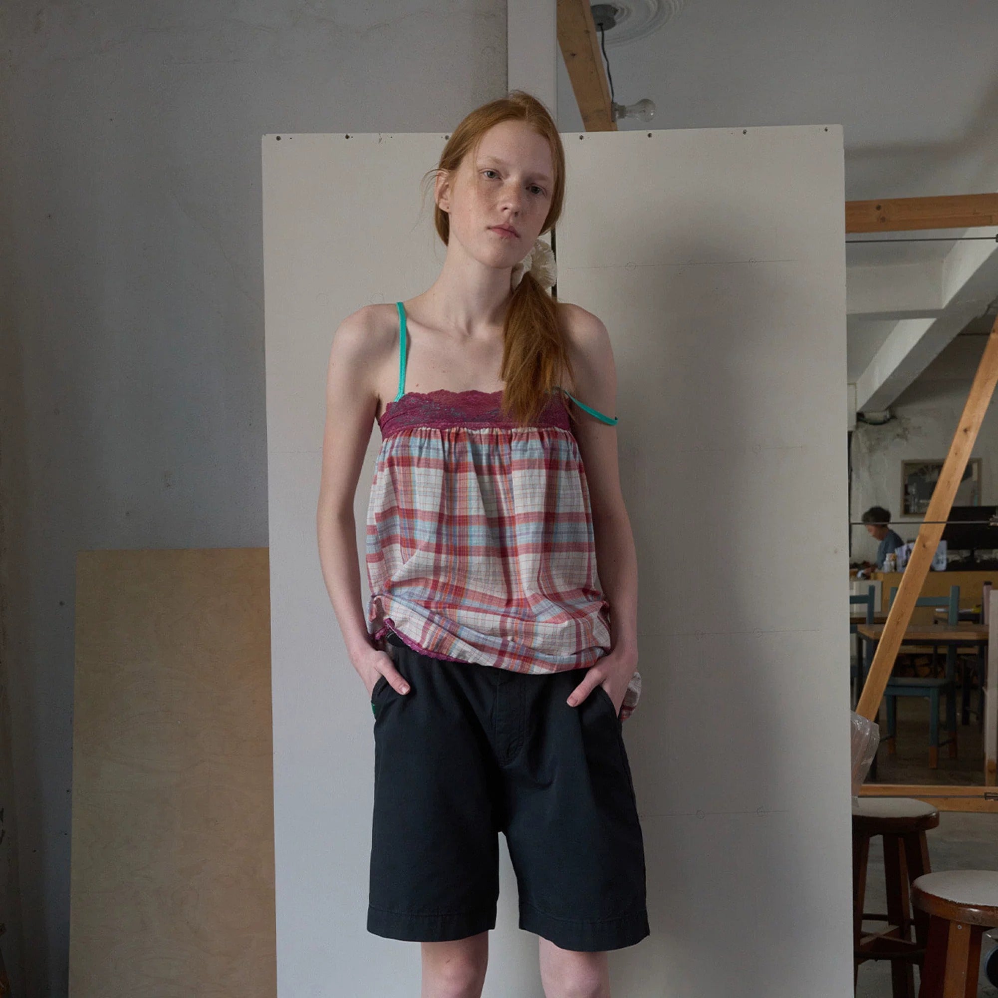 Nadia Plaid Lace-Trim Tube Top