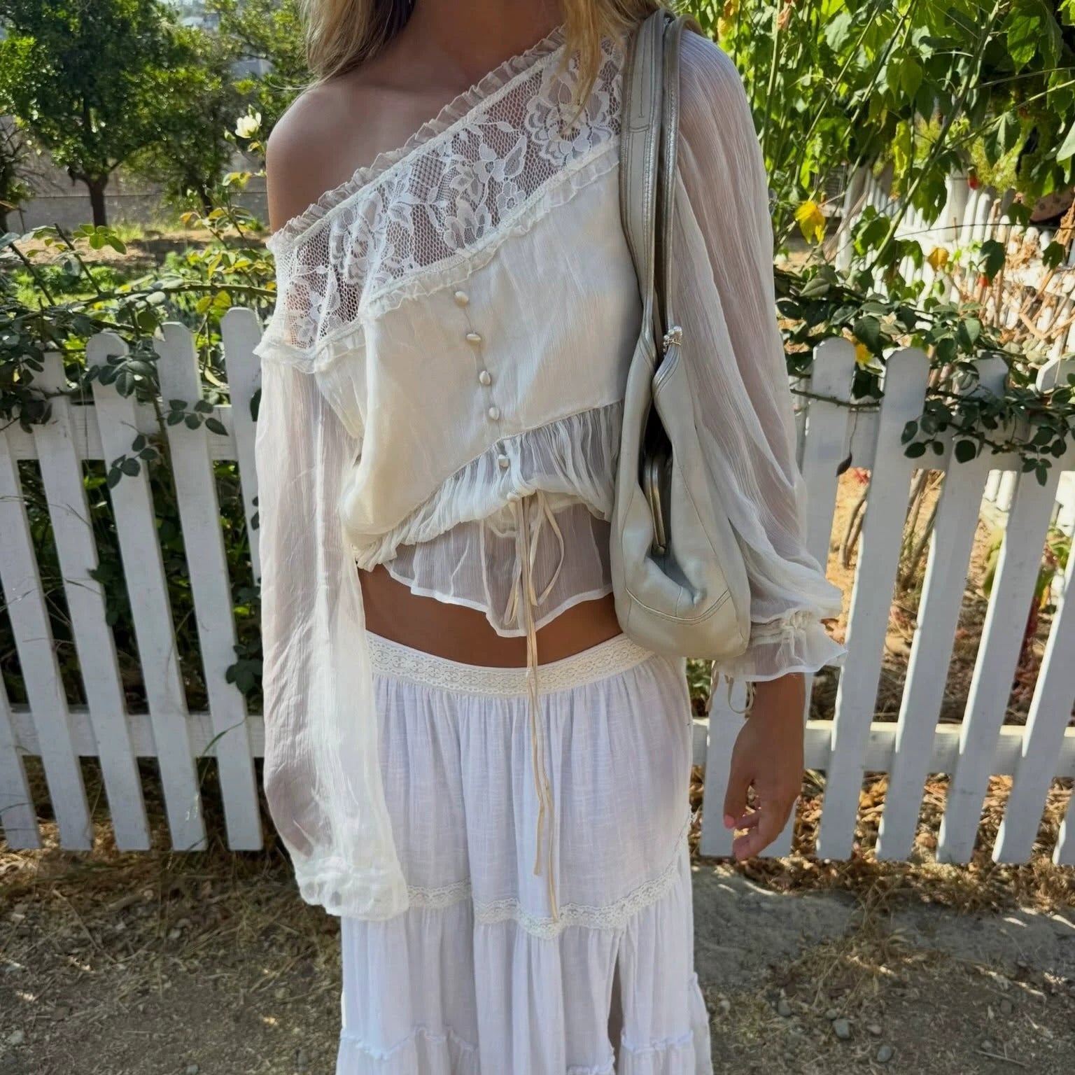 Ivory Lace Off-Shoulder Ruffle Blouse