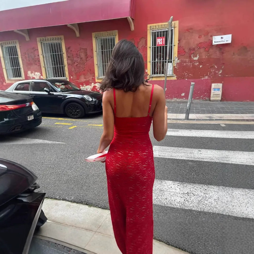 Lace Slip Red Maxi Dress