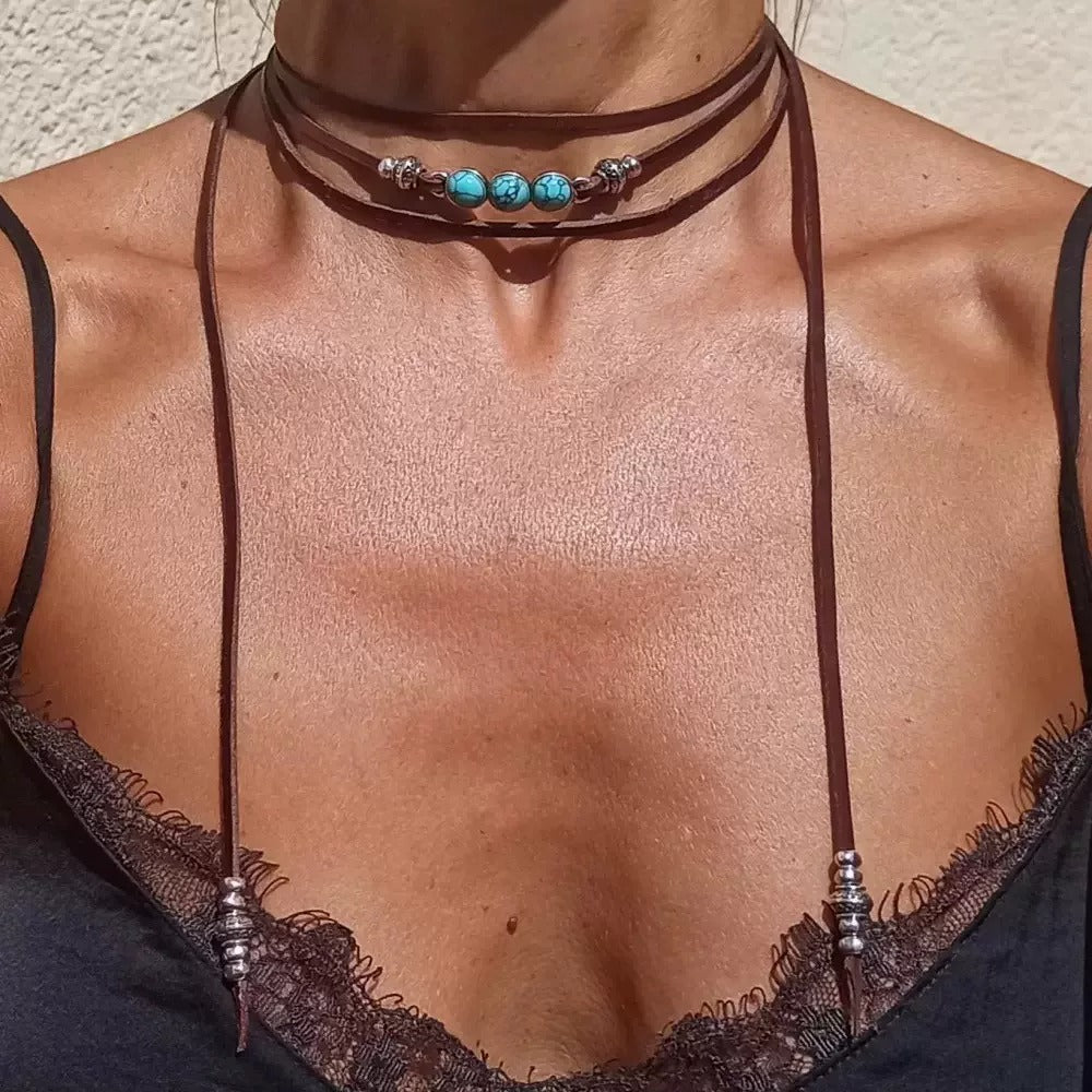 Boho Layered Leather Choker Necklace