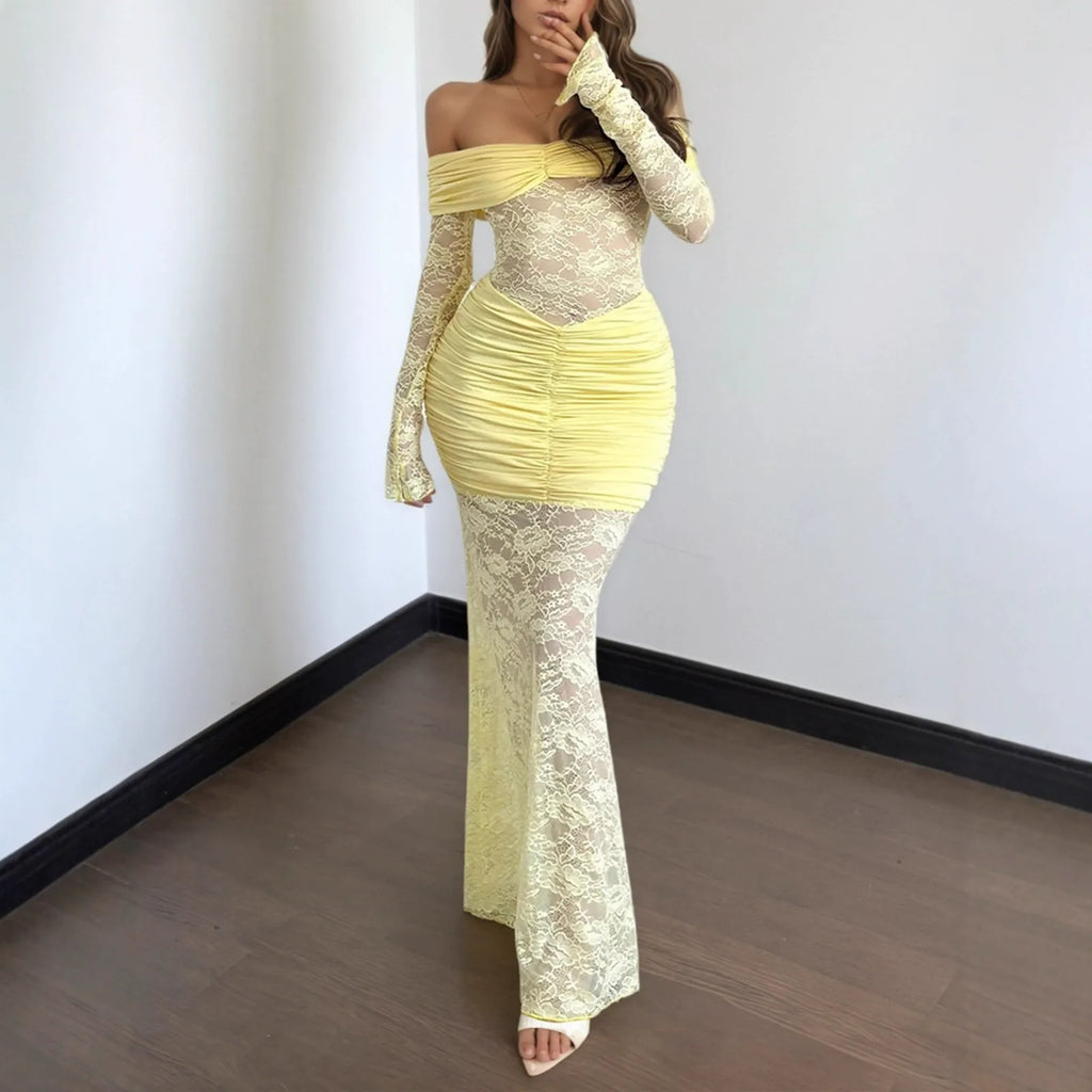 Off-Shoulder Lace Ruched Maxi Dress