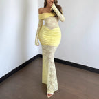 Off-Shoulder Lace Ruched Maxi Dress
