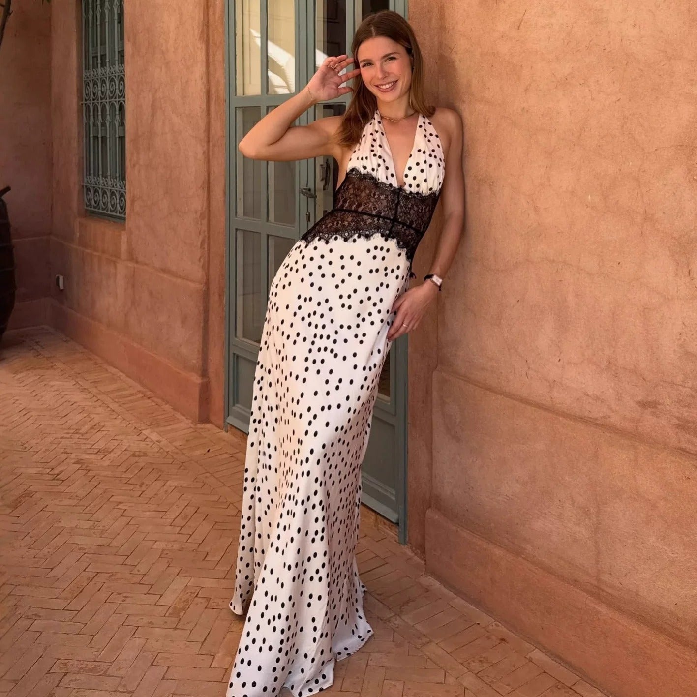 Nadege Polka Dot Lace Corset Maxi Dress