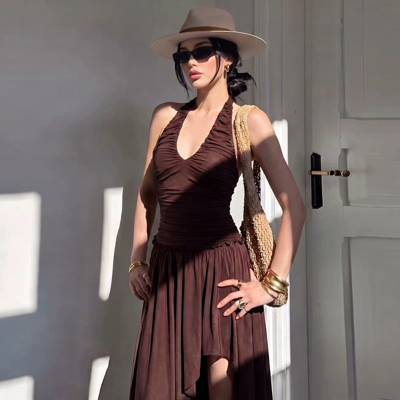 Eden Asymmetric Ruched Halter Maxi Dress