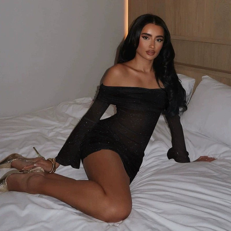 Uzma Sheer Off-Shoulder Ruched Mini Dress
