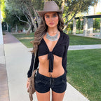 Jesra Tie-Front Long Sleeve Crop Top